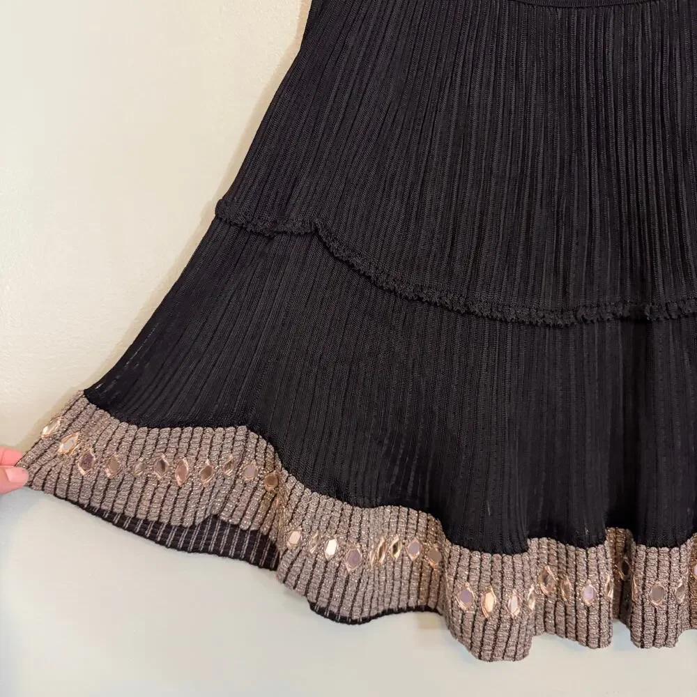 Alaia Paris Skirt Womens XS Black Gold A Line Ribbed Knit Ruffle Designer Italy - Picture 3 of 7